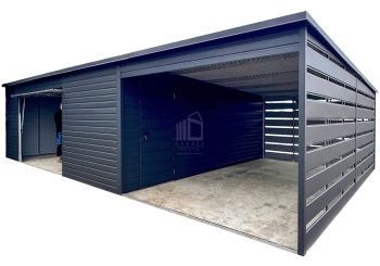 Garaż blaszany 6x6 + wiata 3x6m - brama uchylna - drzwi - antracyt - dach spad w tył ID1212