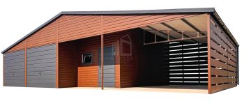 Garaż blaszany 9x6m + wiata 4m + wnęka - 2x brama uchylna - drzwi - 3x okno - ciemny orzech - drewnopowodny - dach dwuspadowy - rynny ID1215