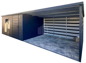 Schowek - Domek ogorodowy 4x3 m + wiata 6x3 m - drzwi - okno - antracyt - spad w tył ID1218