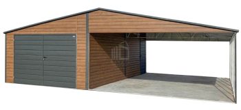 Garaż blaszany 4x6 m + wiata 6x6 m - brama dwuskrzydłowa - drzwi - antracyt - ciemny orzech - drewnopodobny - dach dwuspadowy ID1203
