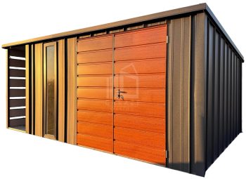 Schowek - Domek ogrodowy 6x5 m + wiata 1 m - brama dwuskrzydłowa - okno - antracyt - blacha na rąbek - dach spad w tył ID1225