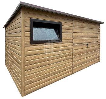 Domek ogrodowy 4x3m - brama dwuskrzydłowa - okno - winchester - drewnopodobny - dach spad w tył ID1227