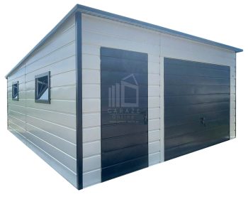 Garaż blaszany 5,5x6 m - brama uchylna - drzwi - 3x okno - biały - antracyt - dach spad w tył ID1233