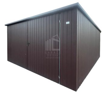 Garaż blaszany 5x5m - brama dwuskrzydłowa - ciemny brąz - dach spad w tył - rynna ID1237