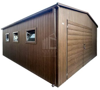 Garaż blaszany 5x6 m - brama dwuskrzydłowa - drzwi - 5x okno - ciemny orzech - drewnopodobny - rynny - dach dwuspadowy ID1239