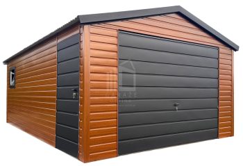 Garaż blaszany 5x6 m - brama uchylna - drzwi - okno - złoty dąb - drewnopodobny - dach dwuspadowy ID1205
