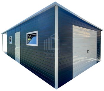 Garaż blaszany 5x6 m + wiata 5x3 m - brama uchylna - drzwi - 3x okno - biały - czarny - dach spad w bok - rynna ID1241