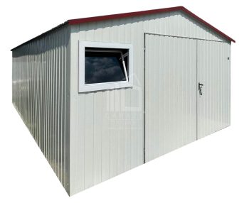 Garaż blaszany 5x6m - brama dwuskrzydłowa - 2x okno - biały - wiśnia - dach dwuspadowy ID1242
