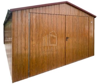 Garaż blaszany 5x6m - brama dwuskrzydłowa - jasny orzech - drewnopodobny - dach dwuspadowy - rynny ID1243