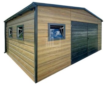 Garaż blaszany 6x5m - brama dwuskrzydłowa - 3x okno - winchester - drewnopodobny - dach dwuspadowy - rynny ID1246
