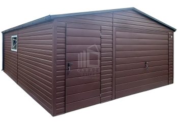 Garaż blaszany 6x6 m - brama uchylna - drzwi - okno - ciemny brąz - dach dwuspadowy - rynny ID1249