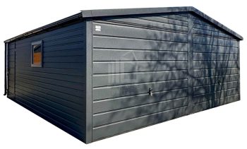 Garaż blaszany 6x5,8 m - 2x brama uchylna - drzwi - okno - antracyt - dach dwuspadowy - rynny ID1207