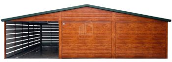 Garaż blaszany 6x6 + wiata 3m - 2x brama uchylna - drzwi - jasny orzech - drewnopodobny - rynna - dach dwuspadowy ID1210