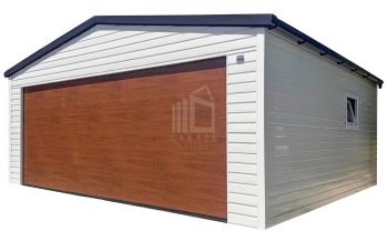 Garaż blaszany 6x6m - brama segmentowa - drzwi - 2x okno - biały - rynny - dach dwuspadowy ID1262
