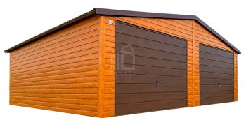 Garaż blaszany 7,5x6 m - 2x brama uchylna - jasny orzech - ciemny orzech - drewnopodobny - dach dwuspadowy ID1263