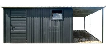 Schowek - Domek ogrodowy 4x5 m + wiata 2x5 m - drzwi - okno - antracyt - dach spad w tył ID1272