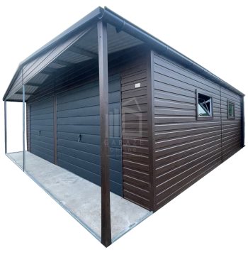Garaż blaszany 8x6m - 2x brama uchylna - drzwi - 4x okno - ciemny orzech - drewnopodobny - dach dwuspadowy - rynny ID1255