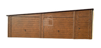 Garaż blaszany 8,5x6 m - 2x brama uchylna - drzwi - ciemny orzech - drewnopodobny - dach spad na bok - rynny ID1289
