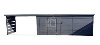 Schowek ogrodowy 4,5x1,3 m + wiata 2,5 m - brama dwuskrzydłowa - drzwi - antracyt - dach spad w tył ID1295